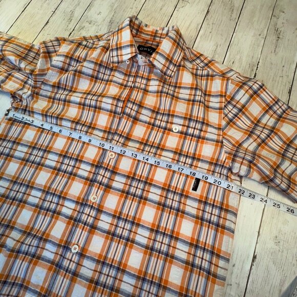 ORVIS Short Sleeve Button Down Shirt Mens Size M Orange White Linen Blend Plaid - Picture 8 of 9